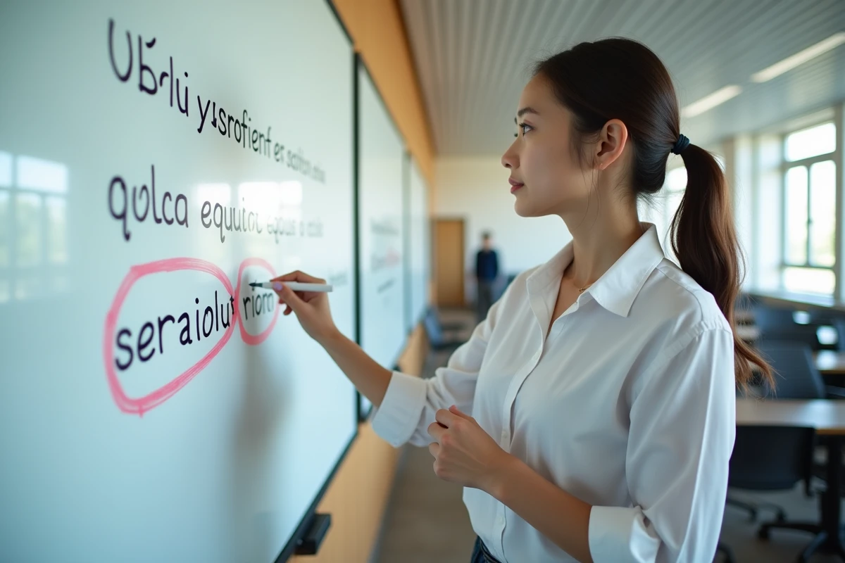 Jeune femme enseignante montrant une faute d'orthographe sur 'serai' inscrite au tableau blanc en classe