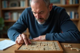 Joueur de Scrabble compétitif concentré sur ses lettres lors d'une session d'entraînement à domicile