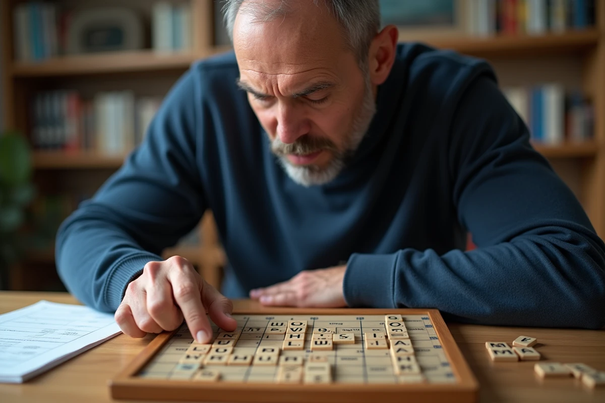 Joueur de Scrabble compétitif concentré sur ses lettres lors d'une session d'entraînement à domicile