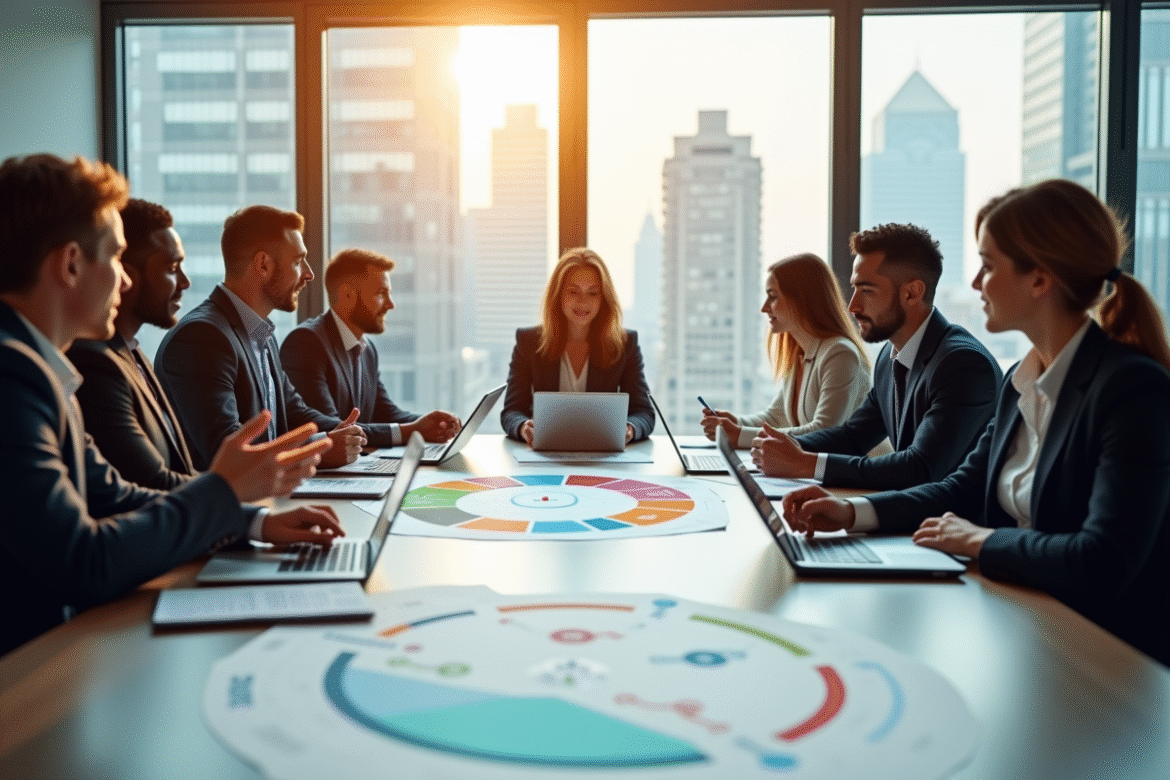 Groupe de professionnels discutant autour d'une table avec diagramme circulaire économie