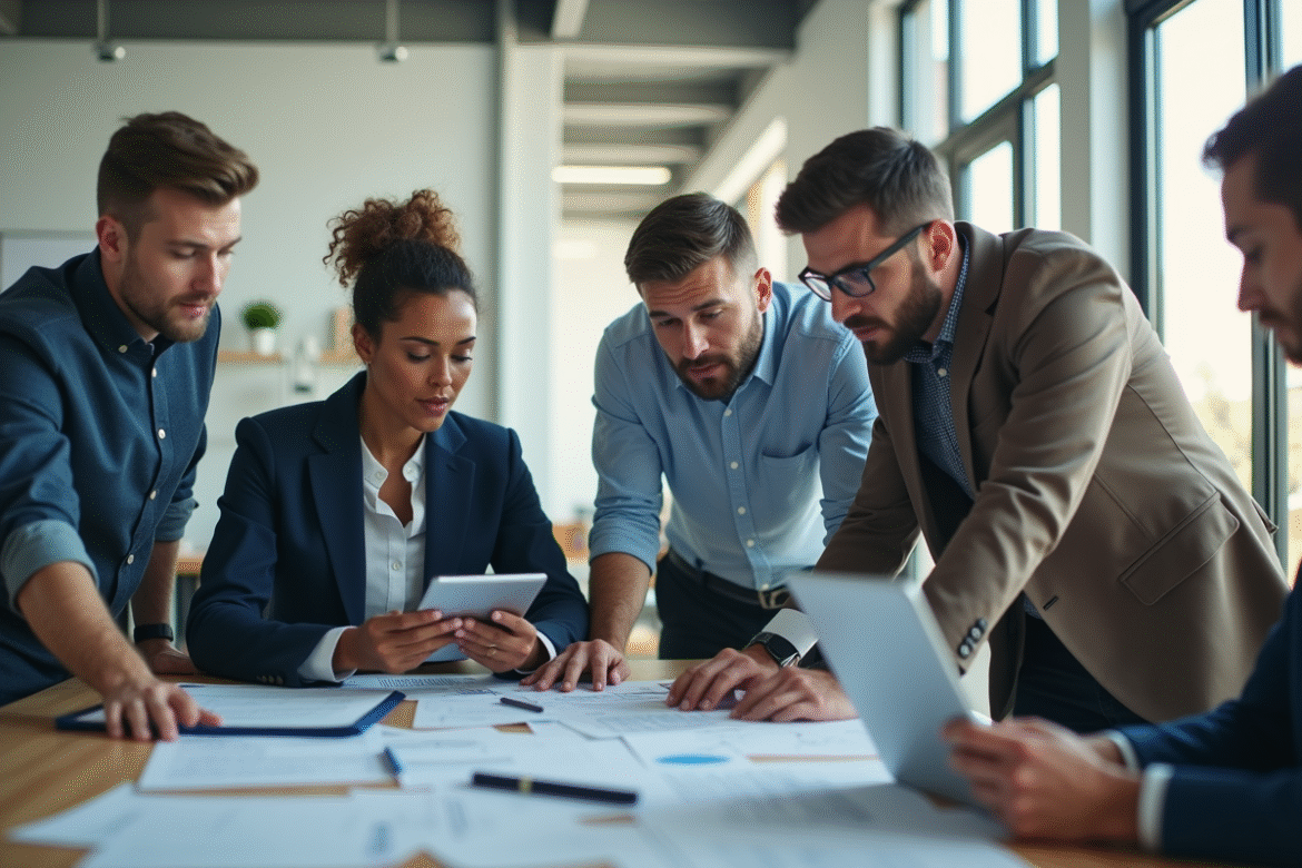 Groupe de professionnels en réunion dans un bureau lumineux