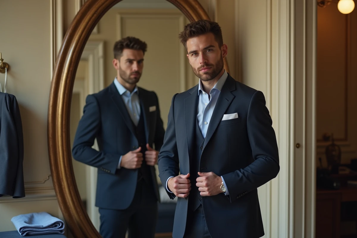 Jeune homme essayant un costume bleu nuit slim fit devant un miroir dans une cabine d'essayage de boutique de costumes