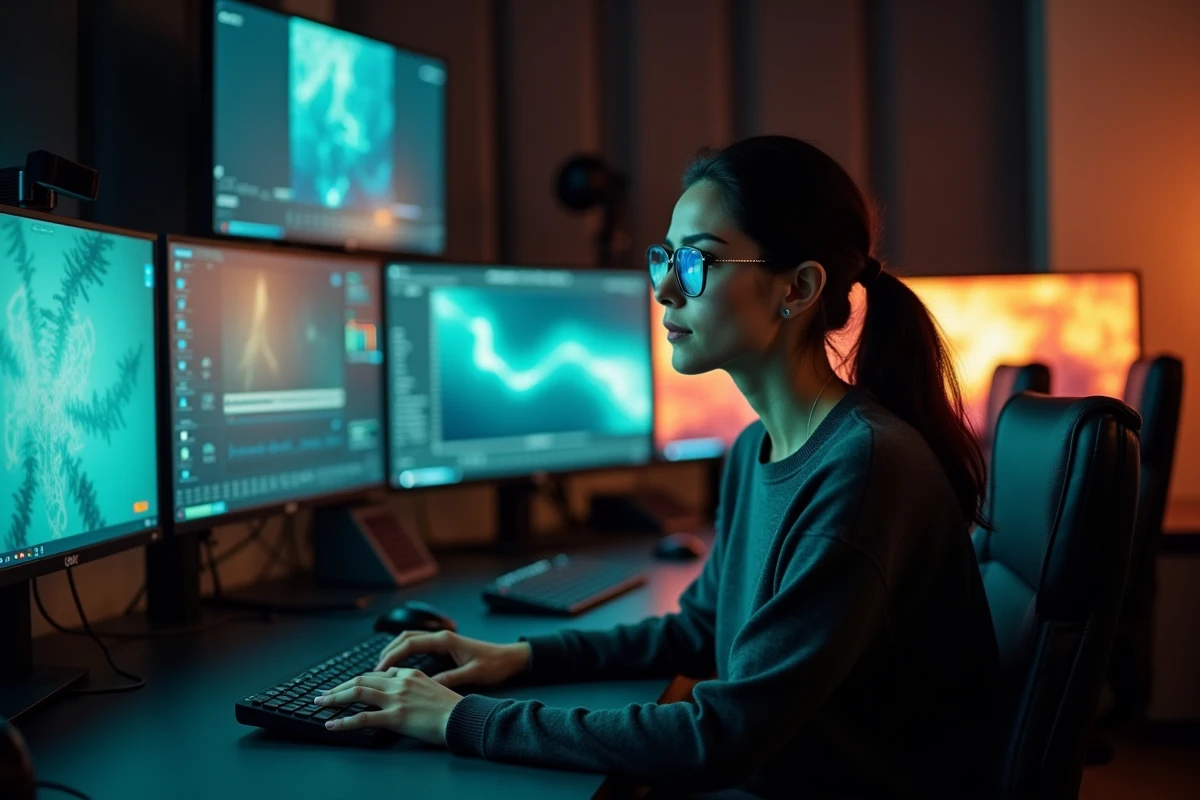 Étalonneuse professionnelle travaillant sur la palette de couleurs cinématographiques MCU dans une salle de post-production
