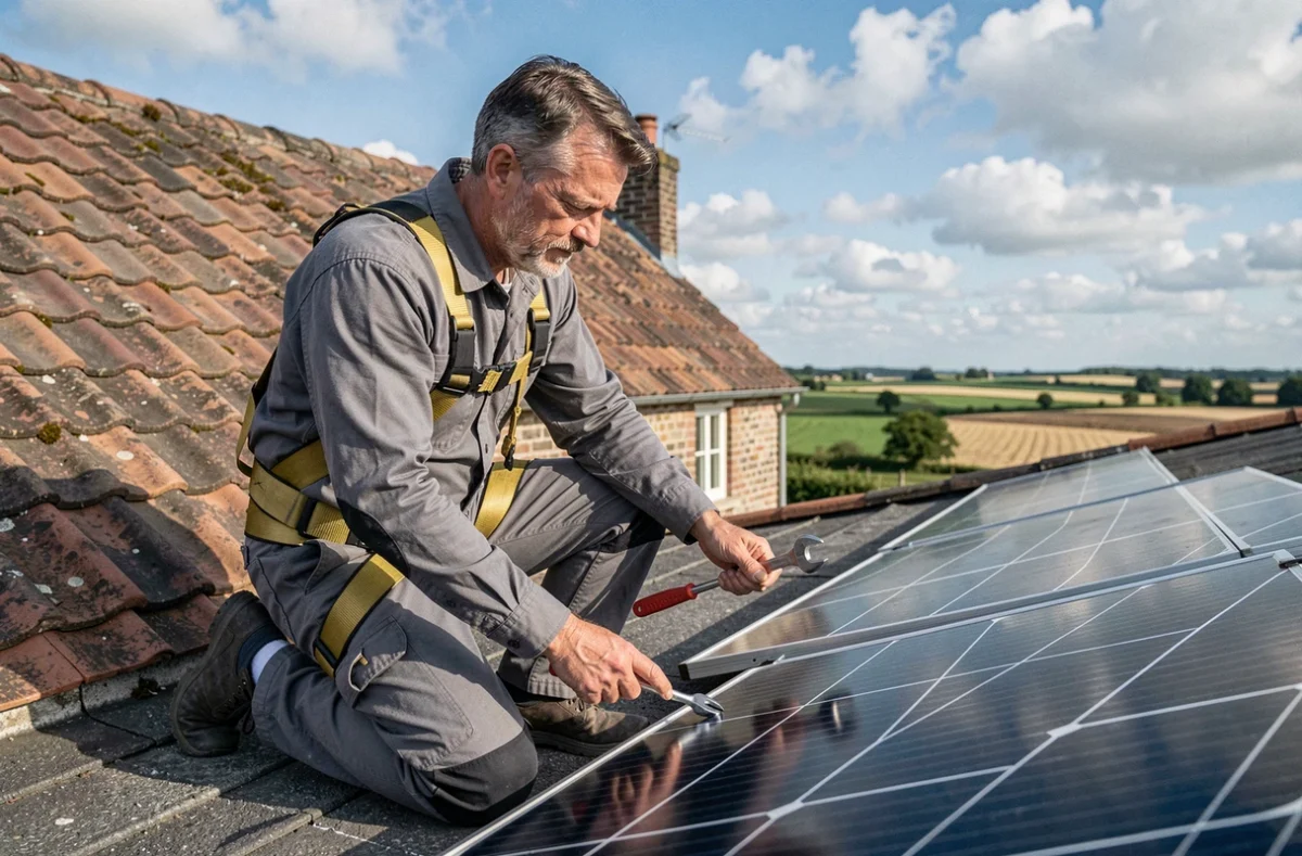 Technicien d'Ets JB Solaire installant des panneaux photovoltaïques sur un toit normand
