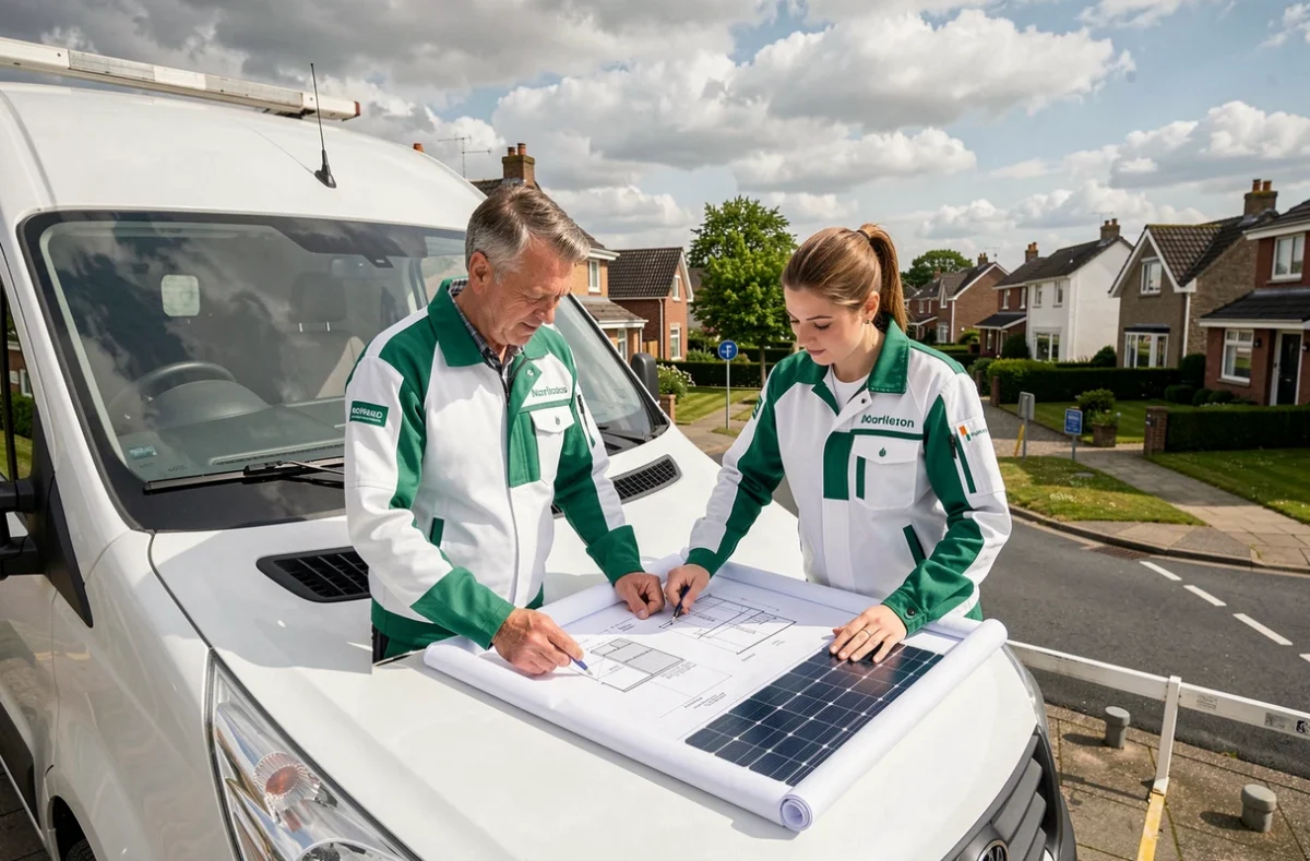 Équipe d'Ets Soleil et Toit consultant des plans d'installation solaire devant leur véhicule de chantier