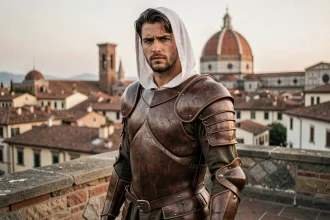Ezio Auditore en armure de cuir Renaissance sur les toits de Florence avec vue sur la cathédrale au crépuscule