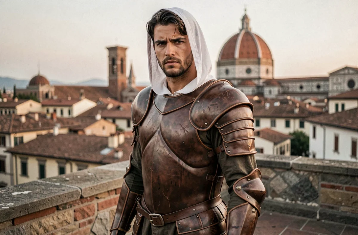 Ezio Auditore en armure de cuir Renaissance sur les toits de Florence avec vue sur la cathédrale au crépuscule