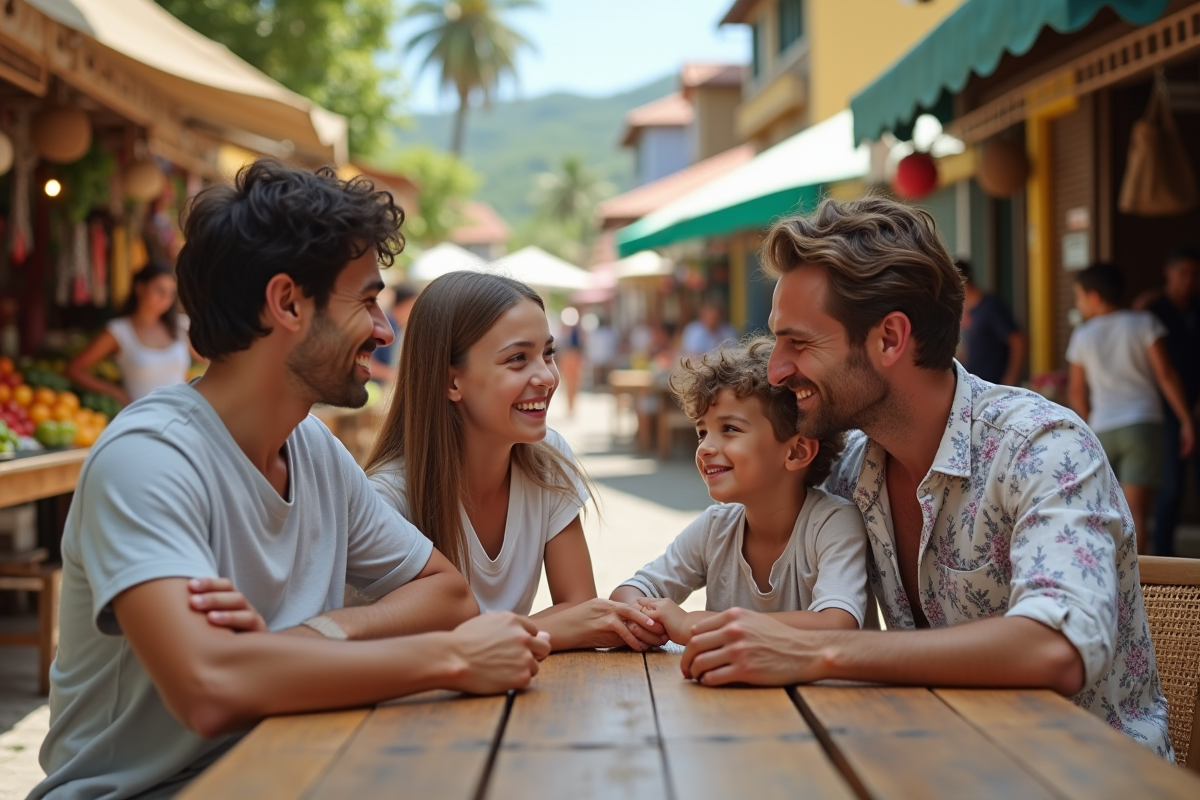 Famille dégustant un café au marché local de Martinique