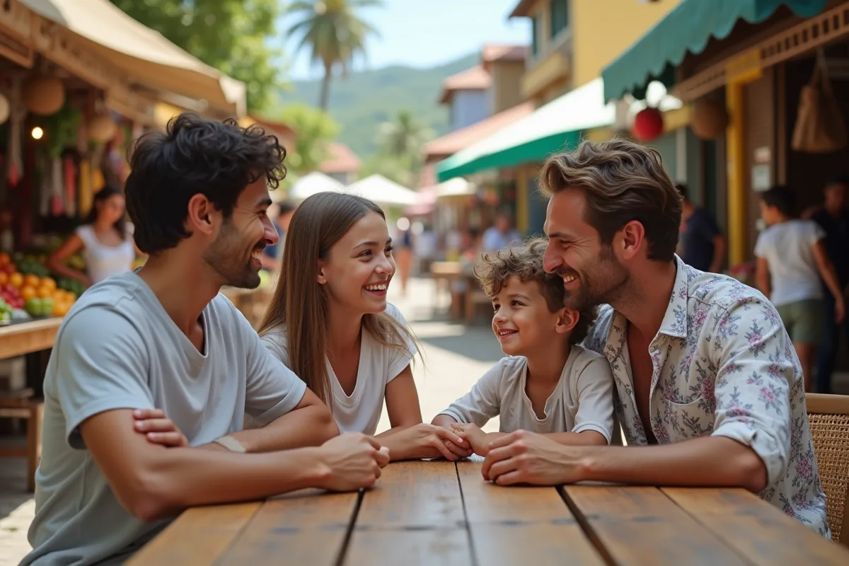 Famille dégustant un café au marché local de Martinique