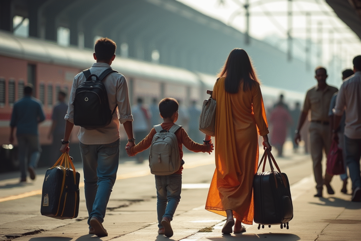 Famille indienne à la gare animée en voyage