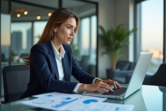 Femme d'affaires en costume bleu analysant des graphiques financiers