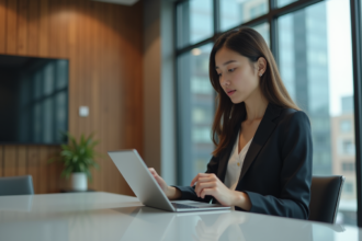 Jeune femme en costume d'affaires regardant une tablette