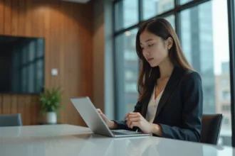 Jeune femme en costume d'affaires regardant une tablette