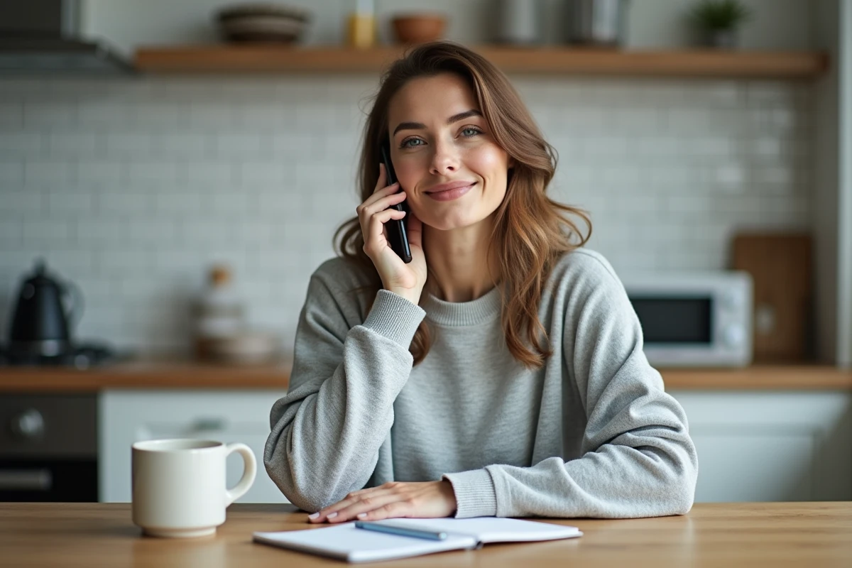 Femme appelant le service client Sosh depuis sa cuisine avec un smartphone, attitude détendue et patiente