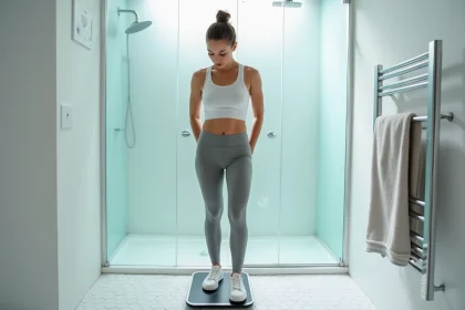 Femme mesurant son poids sur une balance numérique moderne dans une salle de bain épurée, illustration de la conversion lbs en kg