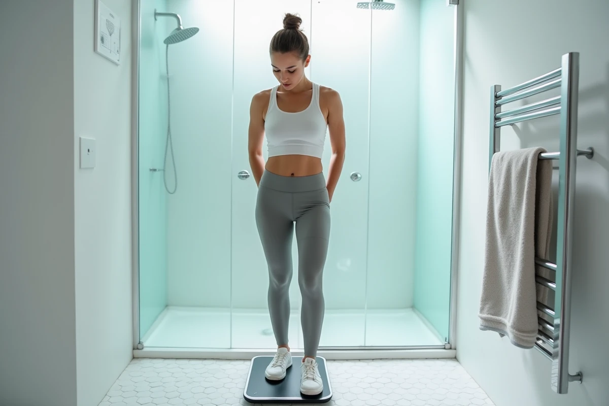 Femme mesurant son poids sur une balance numérique moderne dans une salle de bain épurée, illustration de la conversion lbs en kg