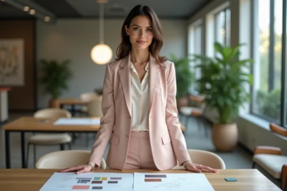Femme en blazer pastel dans un bureau créatif