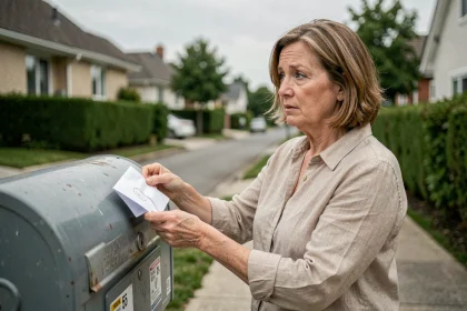 Femme consultant son courrier dans une boîte aux lettres résidentielle le week-end, tenant une enveloppe timbrée