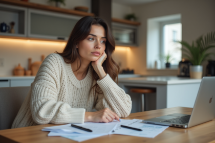 Femme concentrée à la maison avec factures et ordinateur