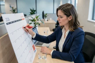 Femme en bureau marquant un calendrier 2026 semaine paire impaire pour planifier son planning de travail