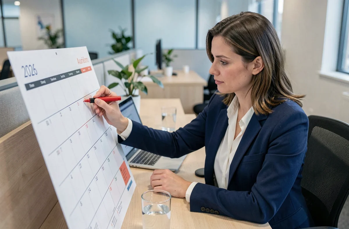 Femme en bureau marquant un calendrier 2026 semaine paire impaire pour planifier son planning de travail