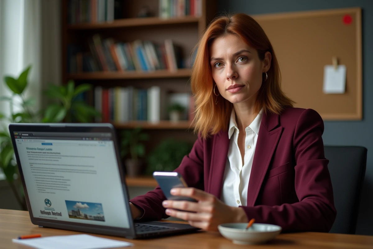 Femme active consultant les informations sur la grève des enseignants en ligne depuis son bureau à domicile avec téléphone et ordinateur portable