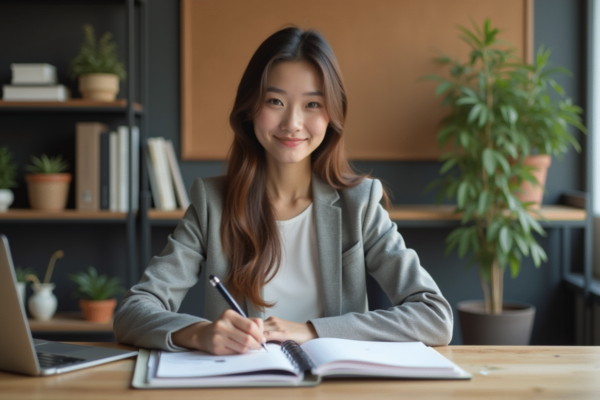 Jeune femme au bureau écrivant dans un planner