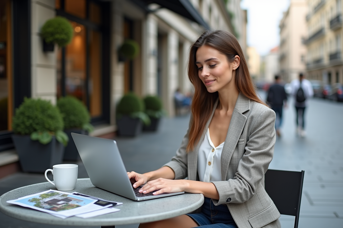 Jeune femme travaillant en extérieur dans un café urbain