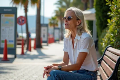 Femme assise sur un banc à Cannes avec expression préoccupée