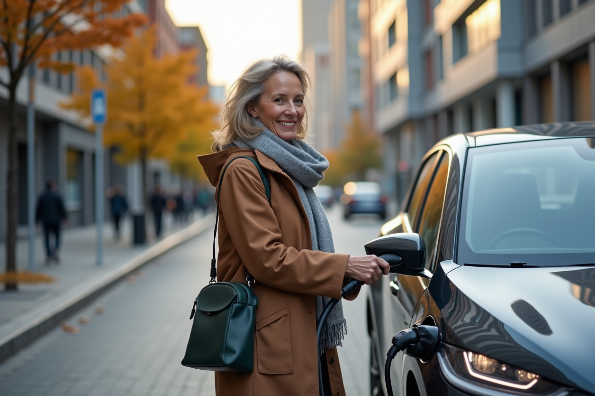 Femme branchant une voiture électrique dans une ville moderne