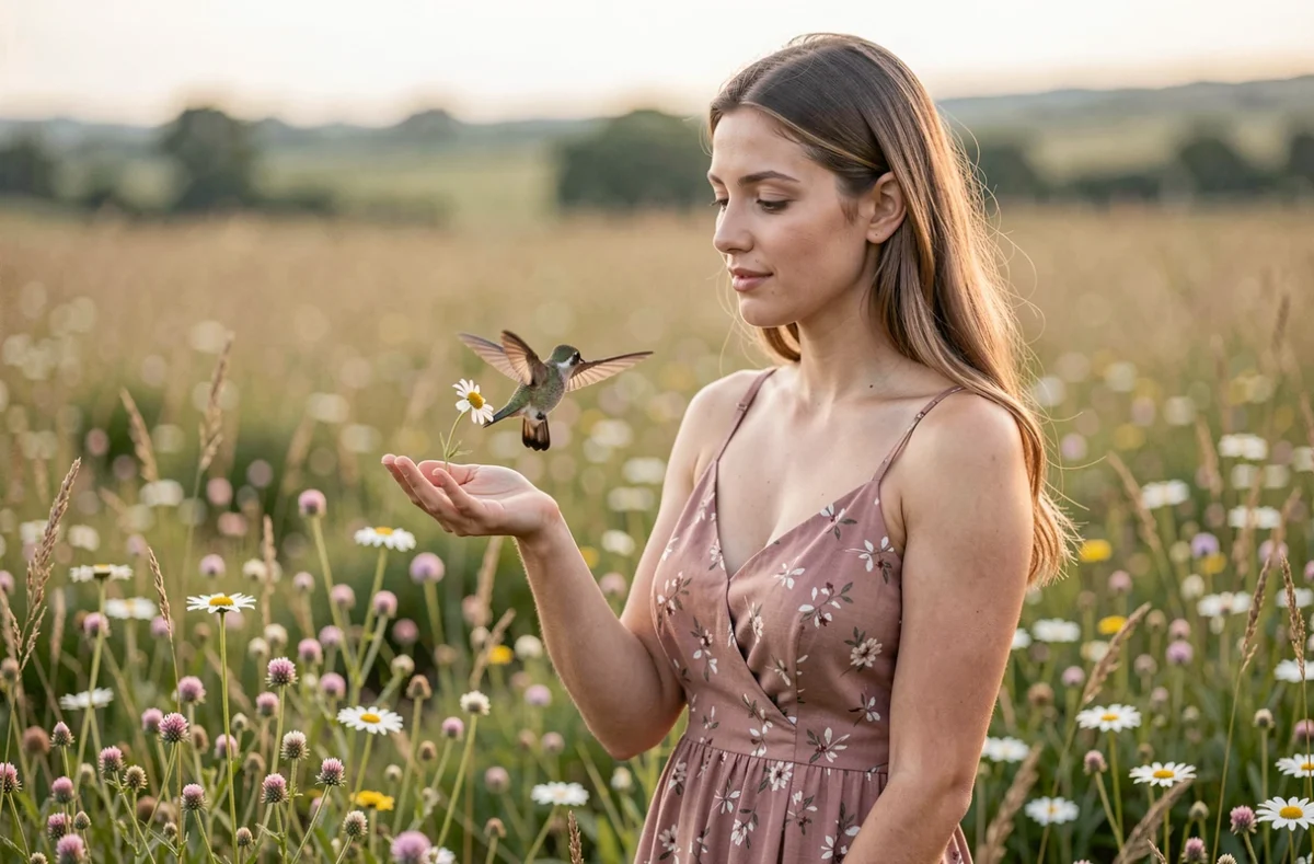 Jeune femme tenant une fleur sauvage dans une prairie pendant qu'un colibri vole près de sa main, symbolisant la connexion amoureuse et spirituelle
