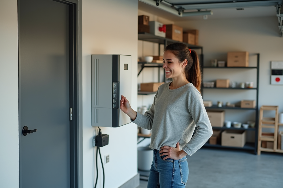 Jeune femme connecte une batterie domestique dans un garage