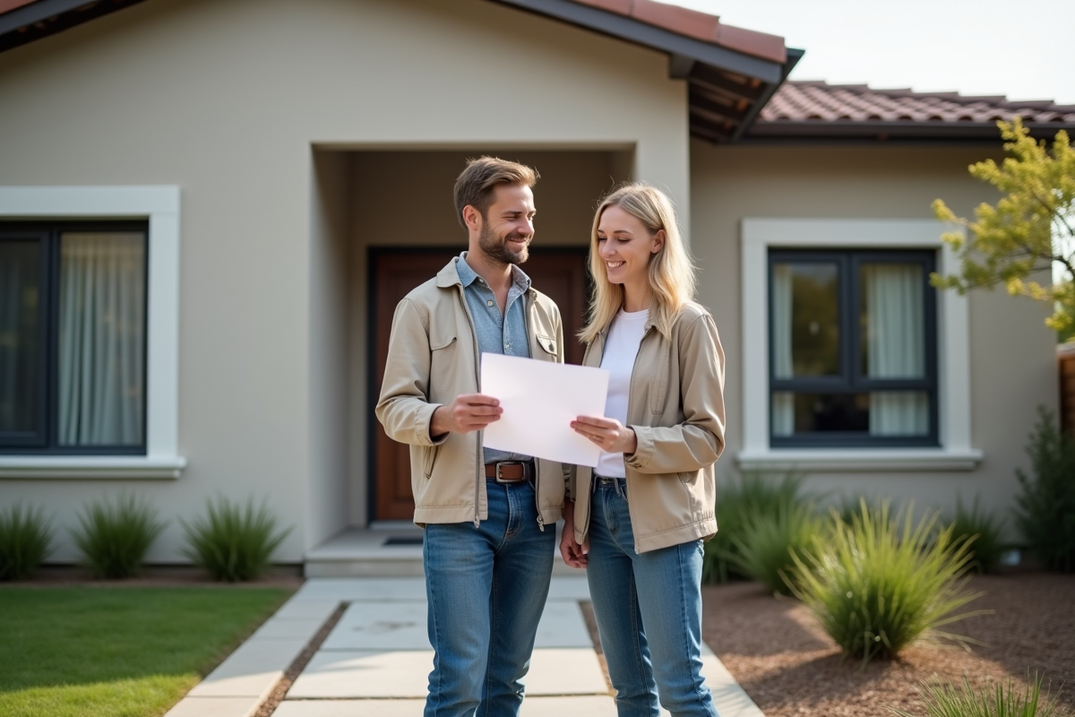 Jeune femme regardant un devis devant sa maison rénovée