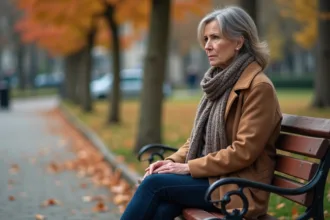 Femme contemplative assise sur un banc dans un parc automnal
