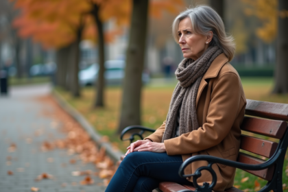 Femme contemplative assise sur un banc dans un parc automnal