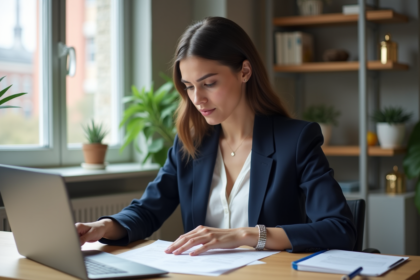 Jeune femme en bureau examinant un contrat de location