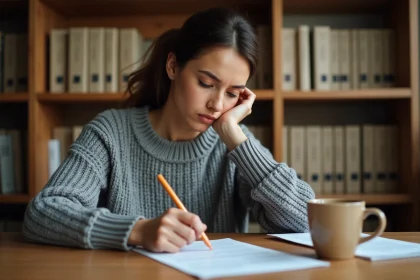 Femme relisant une lettre manuscrite et repérant une faute de conjugaison sur le mot 'serai'