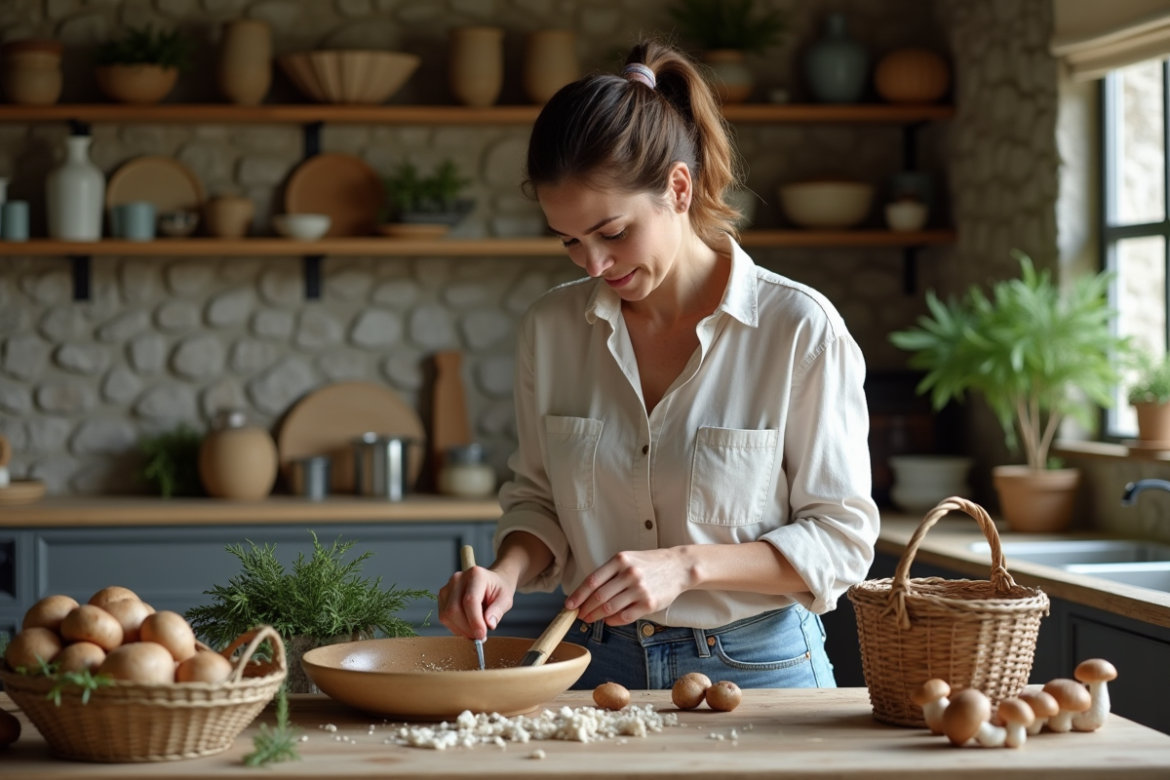 Femme française nettoyant des champignons dans une cuisine rustique