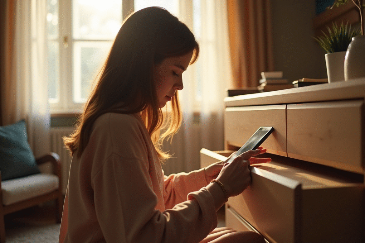 Jeune femme rangeant son smartphone dans un tiroir lumineux