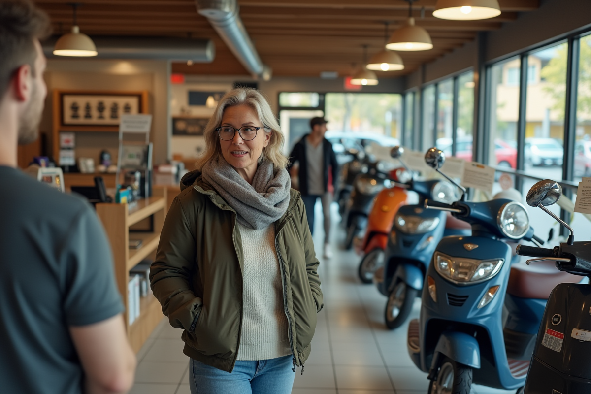 Femme discutant avec le vendeur dans un showroom scooter