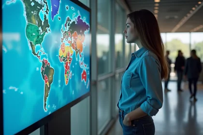 Jeune femme étudiant une carte numérique interactive