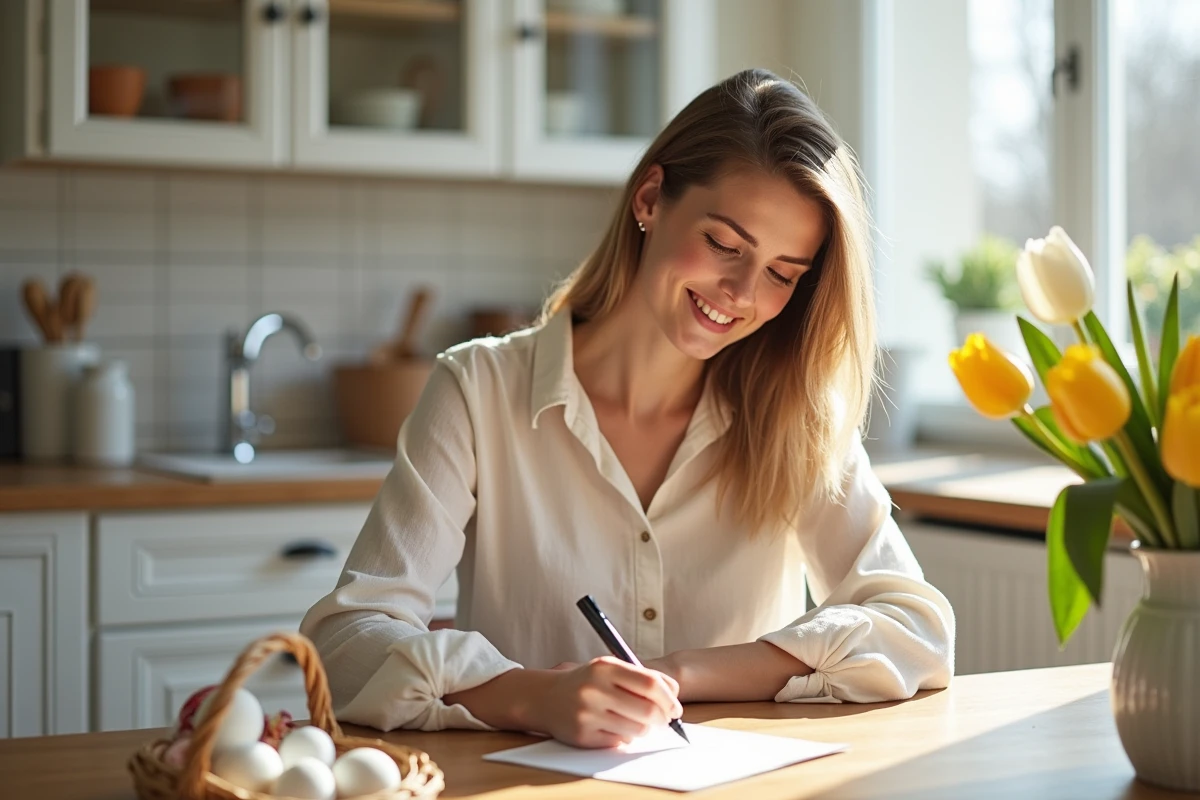Femme française écrivant des vœux de Pâques à la plume calligraphique dans une cuisine lumineuse décorée d'œufs et de tulipes