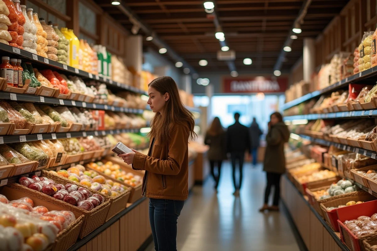 Jeune femme comparant prix dans une épicerie basque authentique