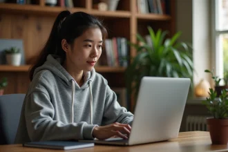 Jeune femme évaluant une plateforme d'échange de contenus amateurs sur son ordinateur portable à domicile