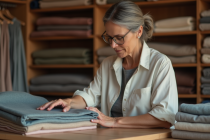 Femme examinant des tissus dans une boutique chaleureuse