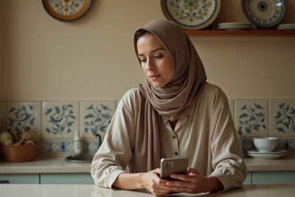 Femme méditerranéenne en headscarf dans une cuisine chaleureuse
