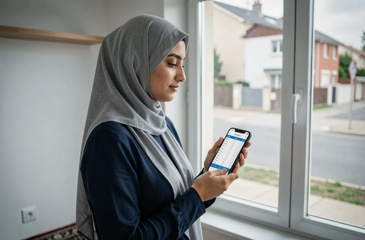 Femme en hijab consultant un PDF d'horaires de prière sur smartphone dans un appartement