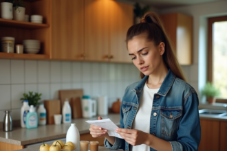 Jeune femme inquiète dans sa cuisine avec reçu et produits