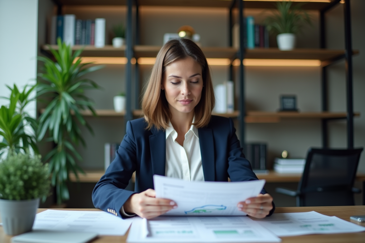 Femme professionnelle analysant des rapports d'investissement durable