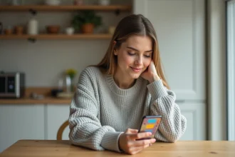 Femme jouant à 4 images 1 mot sur smartphone, jeu de mots de 4 lettres